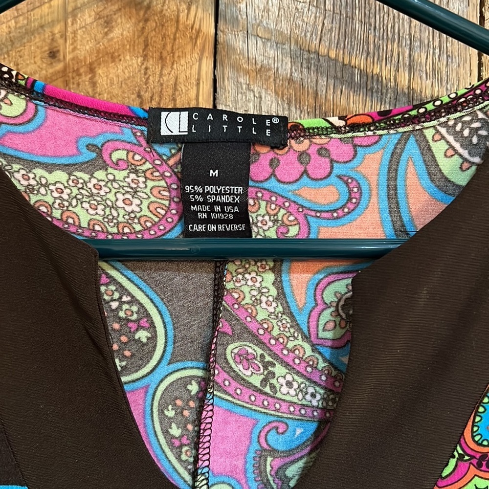 Carole Little hot pink and brown vibrant print sleeveless blouse size M - Picture 2 of 3